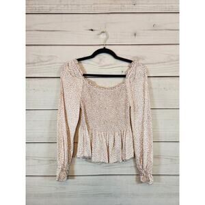 Urban Romantics Women's Beige Leopard Smocked Peplum Long Sleeve Blouse‎ Size S